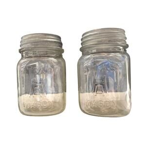 VTG SET OF 2 SQUARE ATLAS MASON CANNING PINT JARS WITH VTG ZINC LIDS